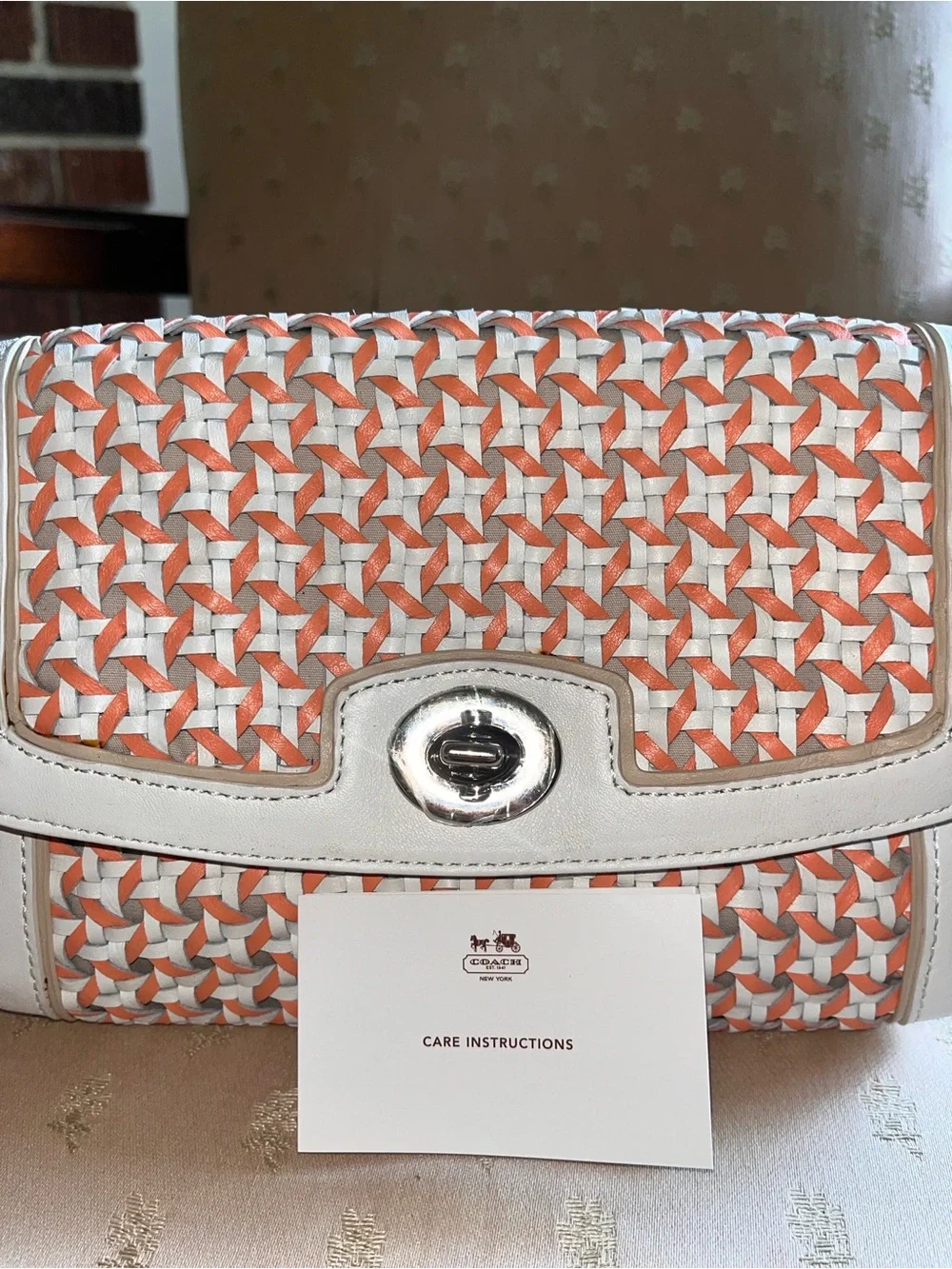 New Coach Coral and White Caning Leather Wristlet / Clutch